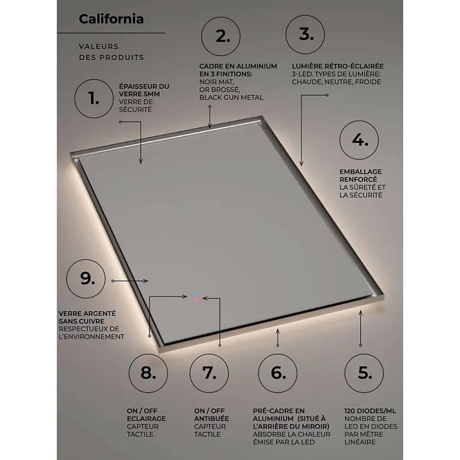 Ledimex Miroir Salle de Bain LED Réglable 120x80cm - Or Brossé - Commandes Tactiles & Anti-Buée - CALIFORNIA* Miroir Lumineux