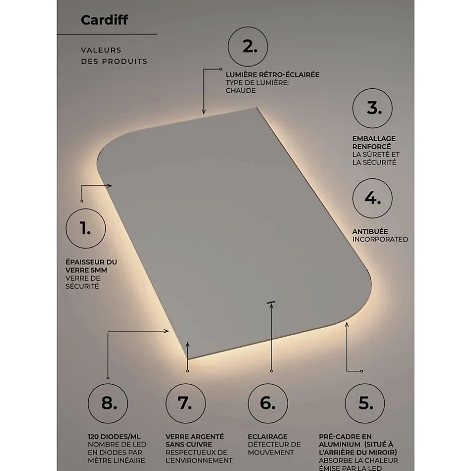 Ledimex Miroir Salle de Bain LED Rétro-éclairé (3000K) - 60x110cm - Anti-Buée & Détecteur de Mouvement - CARDIF
