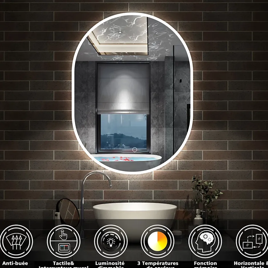 AICA Sanitaire Miroir salle de bain LED 60x80cm tricolore + anti-buée + dimmable + mémoire,