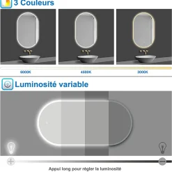 AICA Sanitaire Miroir salle de bain LED 60x80cm tricolore + anti-buée + dimmable + mémoire,