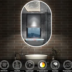 AICA Sanitaire Miroir salle de bain LED 45x90cm tricolore + anti-buée + dimmable + mémoire,* Miroir Lumineux