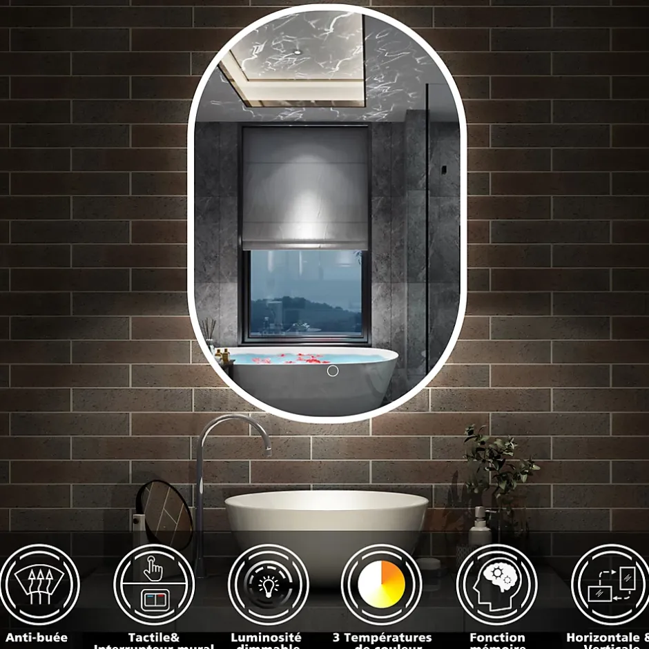 AICA Sanitaire Miroir salle de bain LED 45x90cm tricolore + anti-buée + dimmable + mémoire,* Miroir Lumineux
