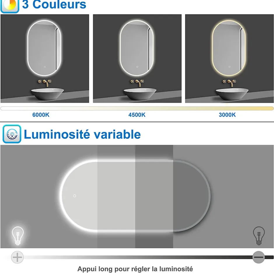 AICA Sanitaire Miroir salle de bain LED 45x90cm tricolore + anti-buée + dimmable + mémoire,* Miroir Lumineux