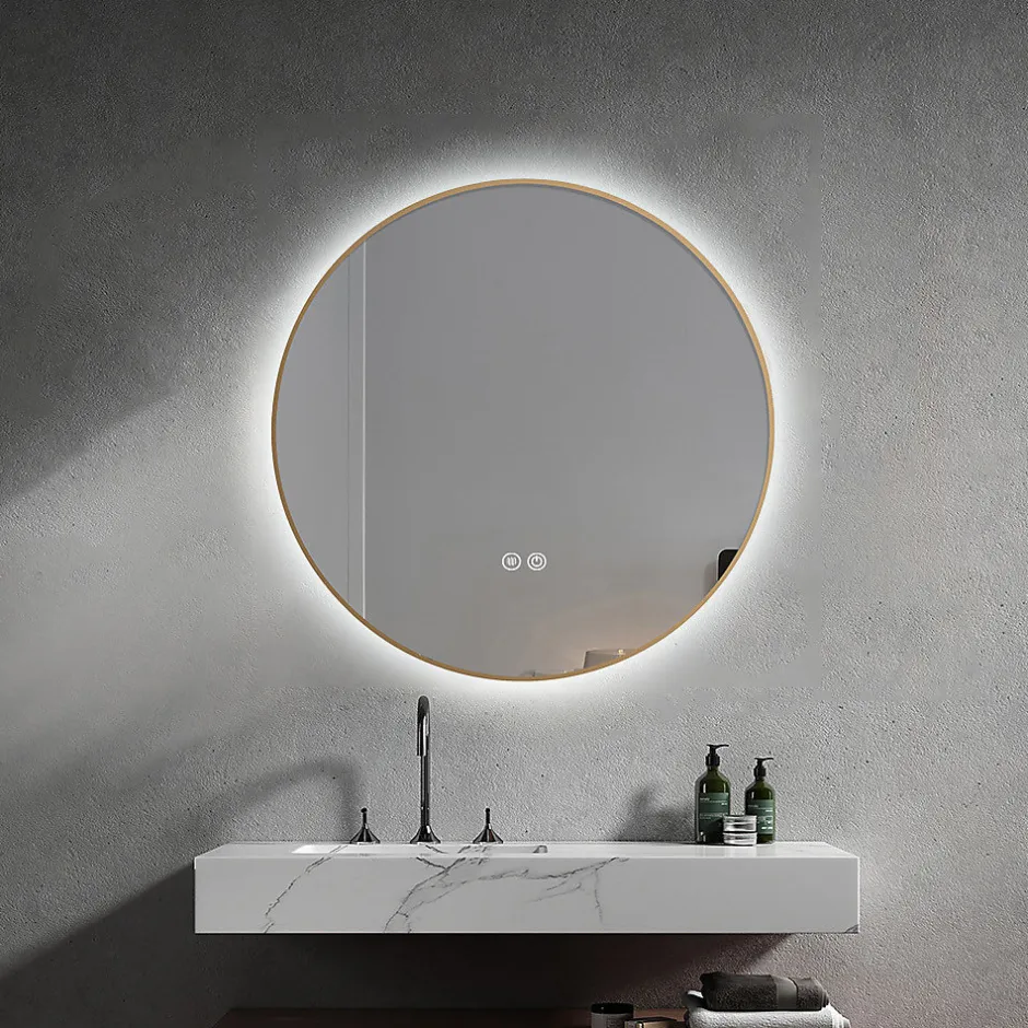 Luxury Bain Miroir salle de bain LED rond 80cm anti buée avec cadre doré LB-4647GA