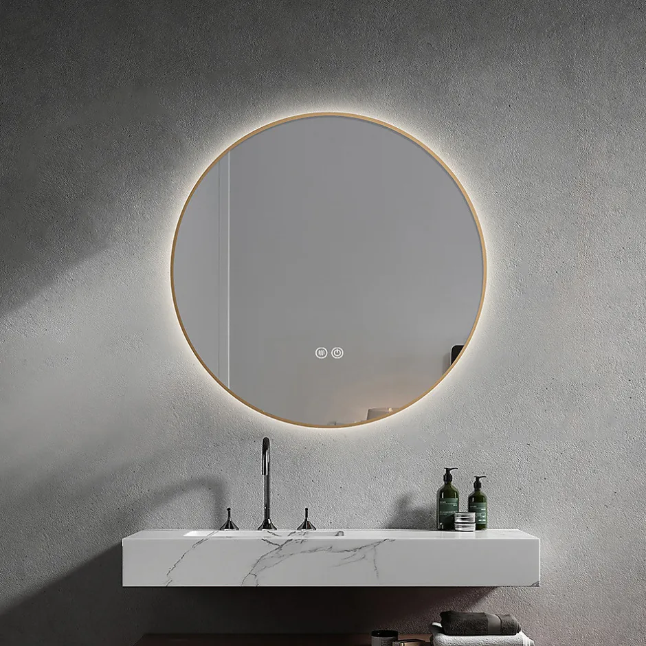 Luxury Bain Miroir salle de bain LED rond 80cm anti buée avec cadre doré LB-4647GA