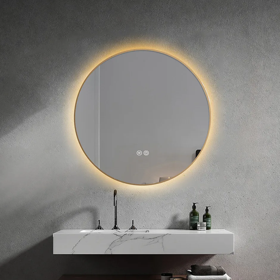 Luxury Bain Miroir salle de bain LED rond 80cm anti buée avec cadre doré LB-4647GA
