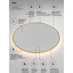 Ledimex Miroir Salle de Bain LED Rétro-éclairé Réglable D60cm - Noir Mat - Commandes Tactiles & Anti-Buée - FUN* Miroir Lumineux