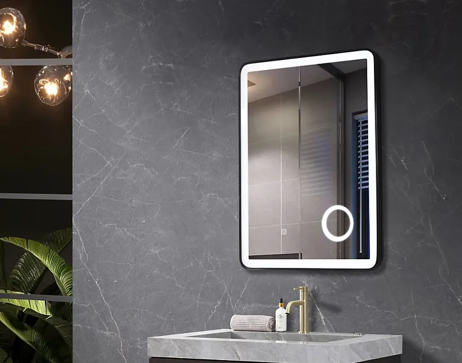Luxury Bain Miroir salle de bain LED 60x80cm anti buée avec cadre en aluminium noir et loupe grossissante x3 LuxuryBain