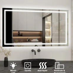 AICA Sanitaire Miroir salle de bain led anti-buée, avec éclairage LED 100 x 80cm réversible, IP44 commande par effleurement,* Miroir Lumineux