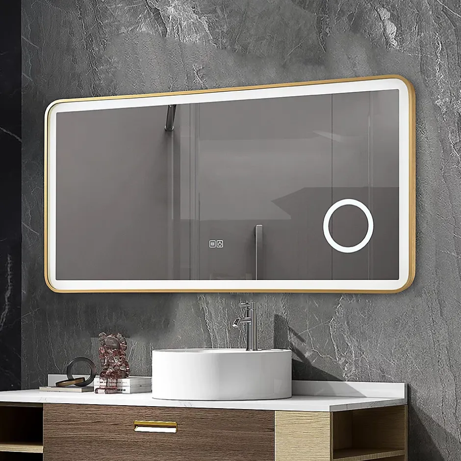 Luxury Bain Miroir salle de bain LED 110x60cm anti buée avec cadre en aluminium doré et loupe x3 LB-4685G