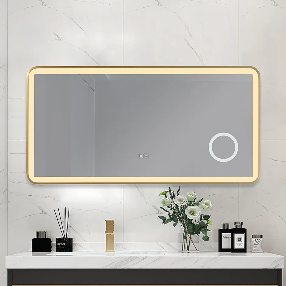 Luxury Bain Miroir salle de bain LED 110x60cm anti buée avec cadre en aluminium doré et loupe x3 LB-4685G