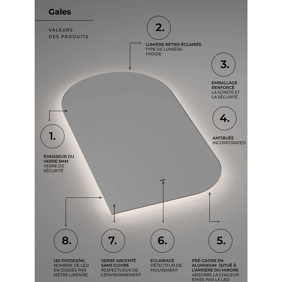 Ledimex Miroir Salle de Bain LED Rétro-éclairé (3000K) - 60x110cm - Anti-Buée & Détecteur de Mouvement - GALES