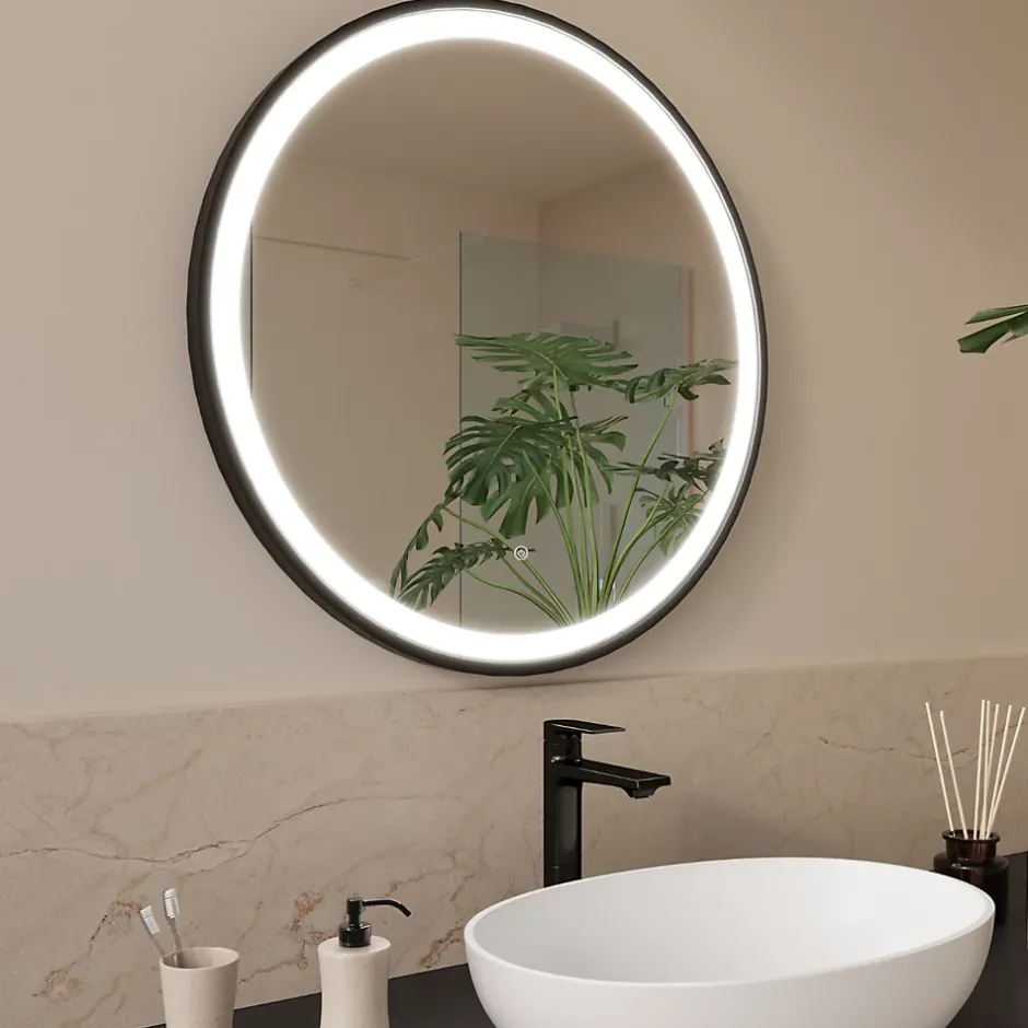 Lomazoo Miroir salle de bain Bologna avec LED 70 cm rond Noir* Miroir Lumineux