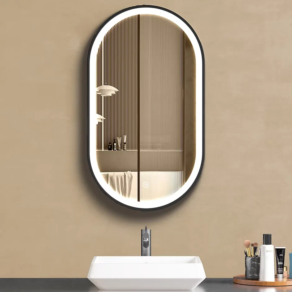 Lomazoo Miroir salle de bain Dortmund avec LED 40x70 cm ovale noir