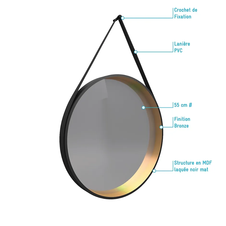 Aurlane Miroir salle de bain rond - diamètre 55cm - noir mat et finition bronze - CIRCLE HORUS* Miroir Simple