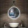 AICA Sanitaire Miroir salle de bain rond LED 50cm tricolore + anti-buée + dimmable + mémoire,avec ceinture en cuir amovible,noir,* Miroir Lumineux