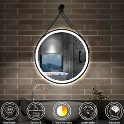 AICA Sanitaire Miroir salle de bain rond LED 50cm tricolore + anti-buée + dimmable + mémoire,avec ceinture en cuir amovible,noir,* Miroir Lumineux