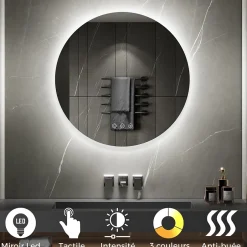 Saniverre Miroir salle de bain VEKIO LED lumineux rond 80 cm diam. fonction anti-buée + intensité & couleur réglables -