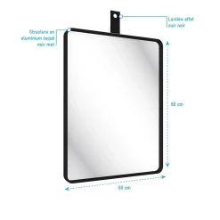 Aurlane Miroir salle de bain 60x80cm suspendu noir mat - avec lanière effet cuir noir - NORDIK REKTANGEL