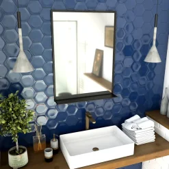 Aurlane Miroir salle de bain 80x60cm - laqué noir mat avec étagères - FRAMED MIRROR