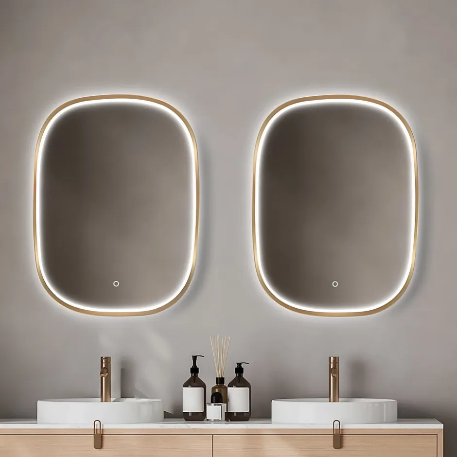MPGlass Miroir salle de bains éclairant à LED cadre doré l.60 x H.80 x P.4 cm, anti-buée, Céleste
