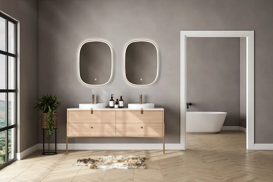 MPGlass Miroir salle de bains éclairant à LED cadre doré l.60 x H.80 x P.4 cm, anti-buée, Céleste