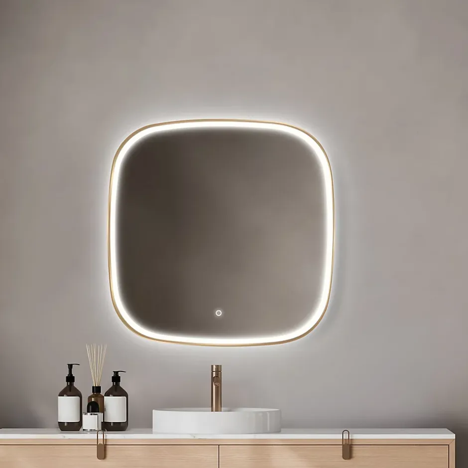 MPGlass Miroir salle de bains éclairant à LED cadre doré carré l.80 x H.80 x P.4 cm, anti-buée, Céleste* Miroir Lumineux
