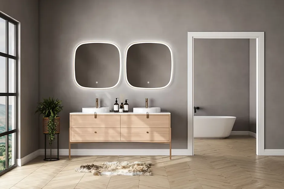 MPGlass Miroir salle de bains éclairant à LED cadre doré carré l.80 x H.80 x P.4 cm, anti-buée, Céleste* Miroir Lumineux