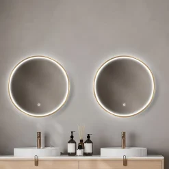 MPGlass Miroir salle de bains éclairant à LED cadre doré rond Ø80 cm, anti-buée, Céleste* Miroir Lumineux