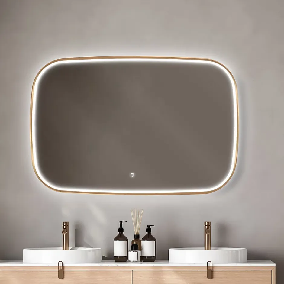 MPGlass Miroir salle de bains éclairant à LED cadre doré l.120 x H.80 x P.4 cm, anti-buée, Céleste