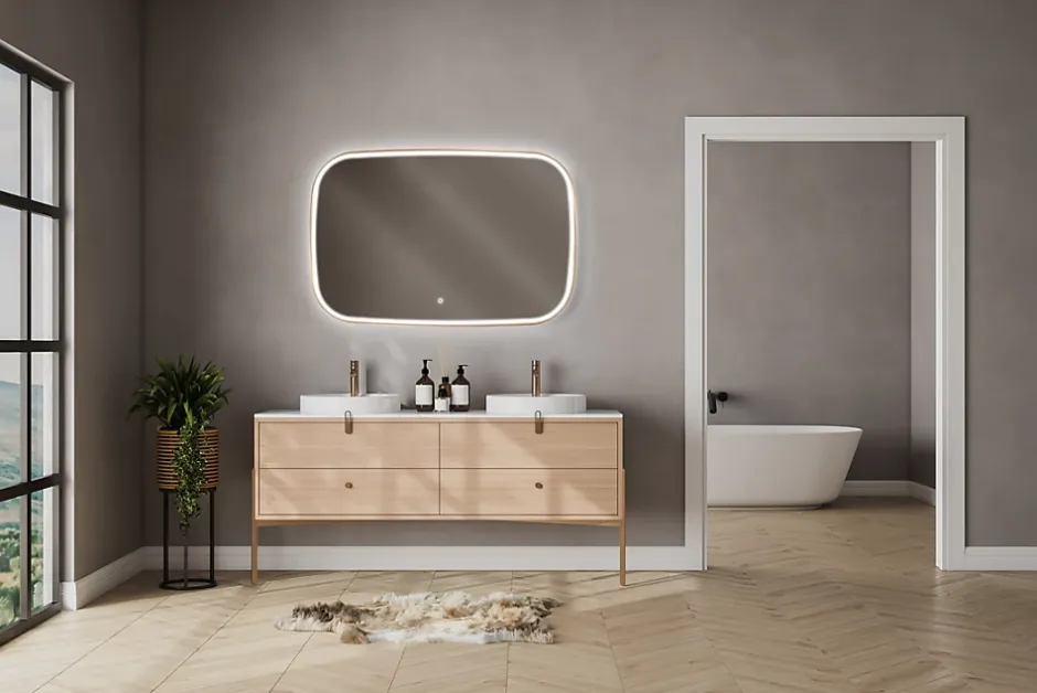 MPGlass Miroir salle de bains éclairant à LED cadre doré l.120 x H.80 x P.4 cm, anti-buée, Céleste