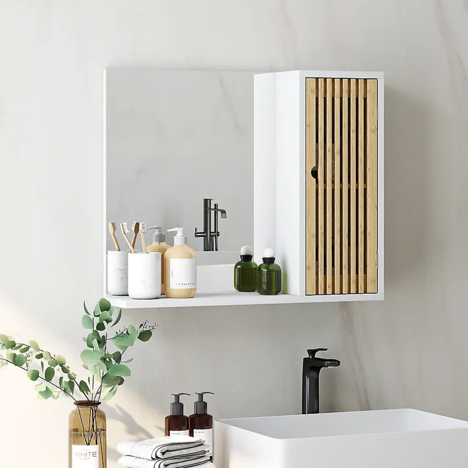 Homcom Miroir étagère style cosy - armoire miroir salle de bain 1 porte - bambou blanc