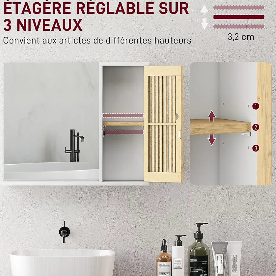 Homcom Miroir étagère style cosy - armoire miroir salle de bain 1 porte - bambou blanc