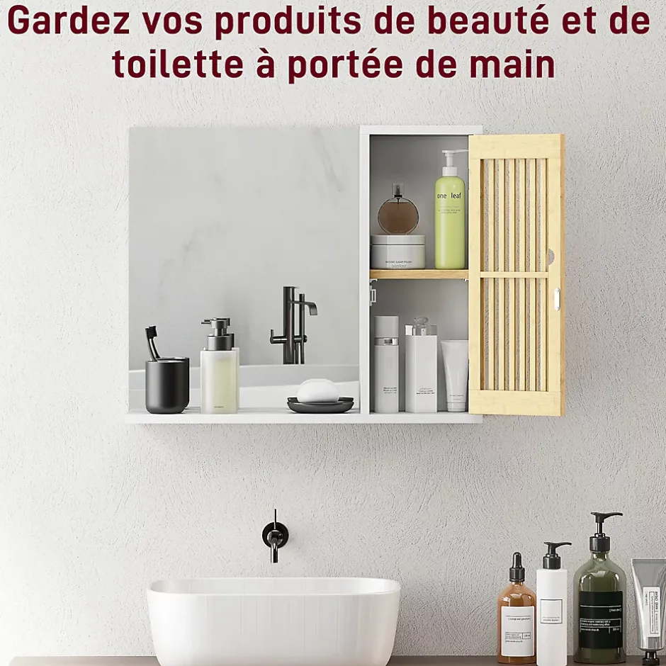 Homcom Miroir étagère style cosy - armoire miroir salle de bain 1 porte - bambou blanc