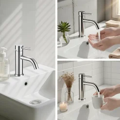 AICA Sanitaire Mitigeur acier inoxydable 304, pour cuisine/salle de bain/lavabo/toilettes invités, avec tuyau, eau chaude/froide, argent* Robinet Lavabo Et Vasque