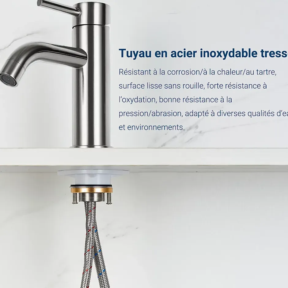 AICA Sanitaire Mitigeur acier inoxydable 304, pour cuisine/salle de bain/lavabo/toilettes invités, avec tuyau, eau chaude/froide, argent* Robinet Lavabo Et Vasque