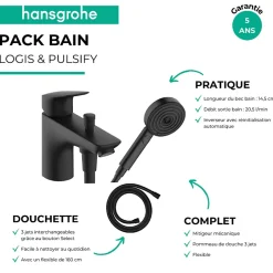 Hansgrohe Mitigeur baignoire mécanique Logis C2 + pack pommeau Pulsify Select 3 jets EcoSmart + flexible Isiflex 160 cm noir mat* Robinet De Baignoire