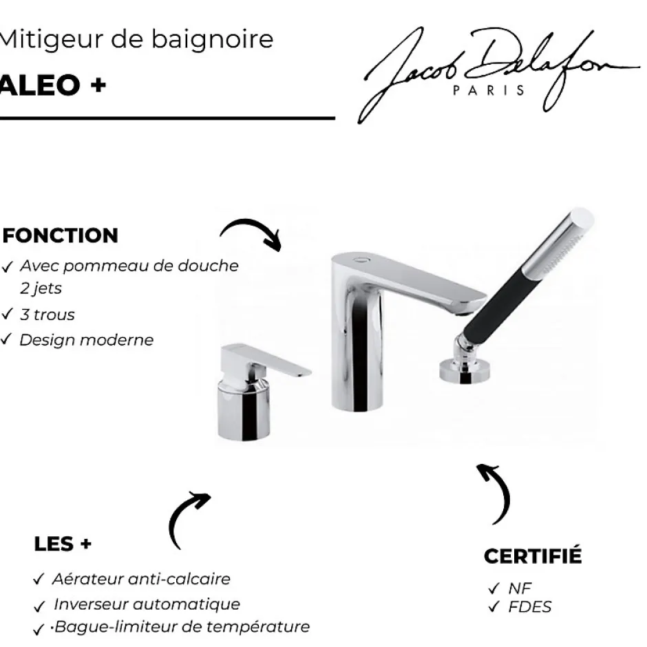 Jacob Delafon Mitigeur baignoire Aleo+ 3 trous + pommeau de douche + flexible