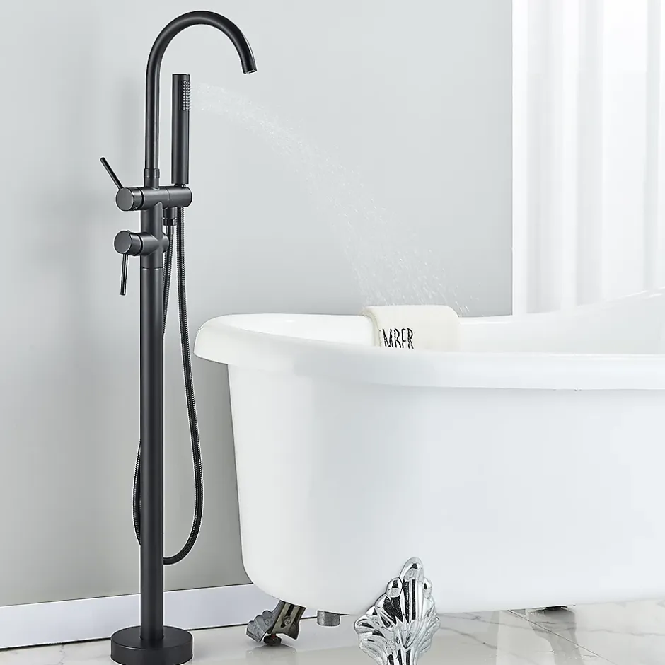 Signature Mitigeur baignoire îlot Noir mat, Bec cascade, Douchette, Laiton massif* Robinet De Baignoire
