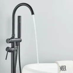 Signature Mitigeur baignoire îlot Noir mat, Bec cascade, Douchette, Laiton massif* Robinet De Baignoire