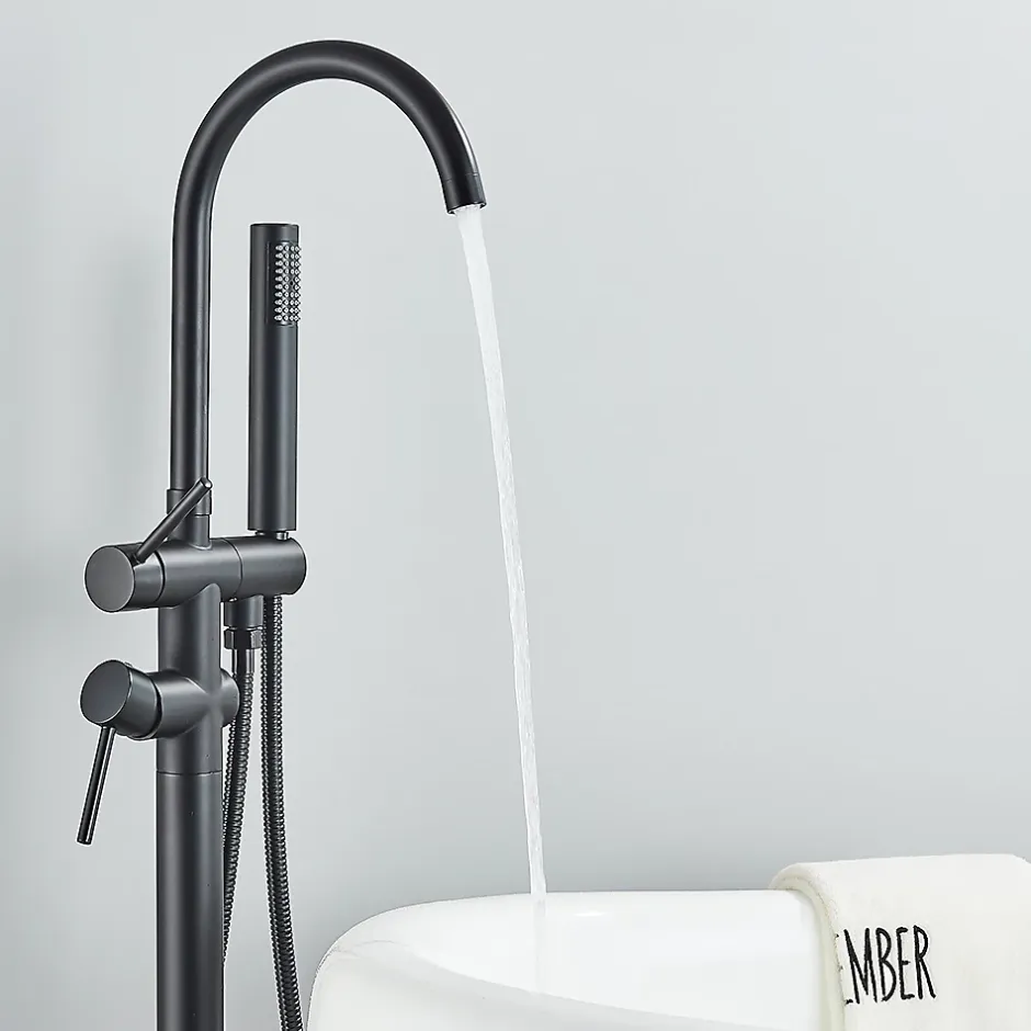 Signature Mitigeur baignoire îlot Noir mat, Bec cascade, Douchette, Laiton massif* Robinet De Baignoire