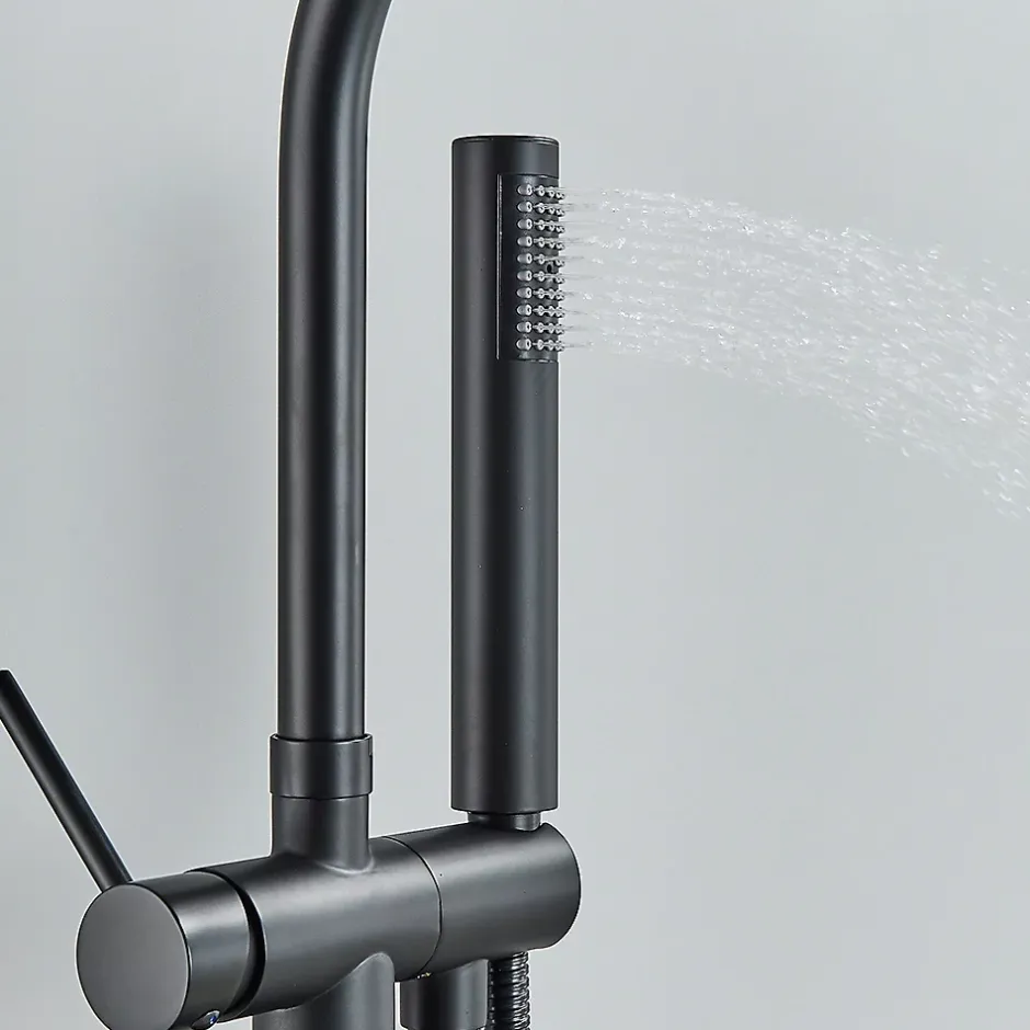 Signature Mitigeur baignoire îlot Noir mat, Bec cascade, Douchette, Laiton massif* Robinet De Baignoire