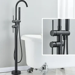 Signature Mitigeur baignoire îlot Noir mat, Bec cascade, Douchette, Laiton massif* Robinet De Baignoire