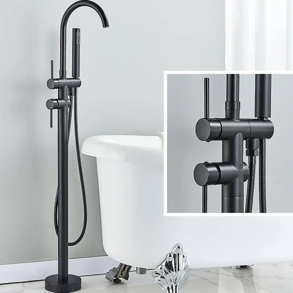 Signature Mitigeur baignoire îlot Noir mat, Bec cascade, Douchette, Laiton massif* Robinet De Baignoire