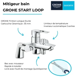 Grohe Mitigeur baignoire monocommande Start Loop chromé + Colonnettes Luxe chromé