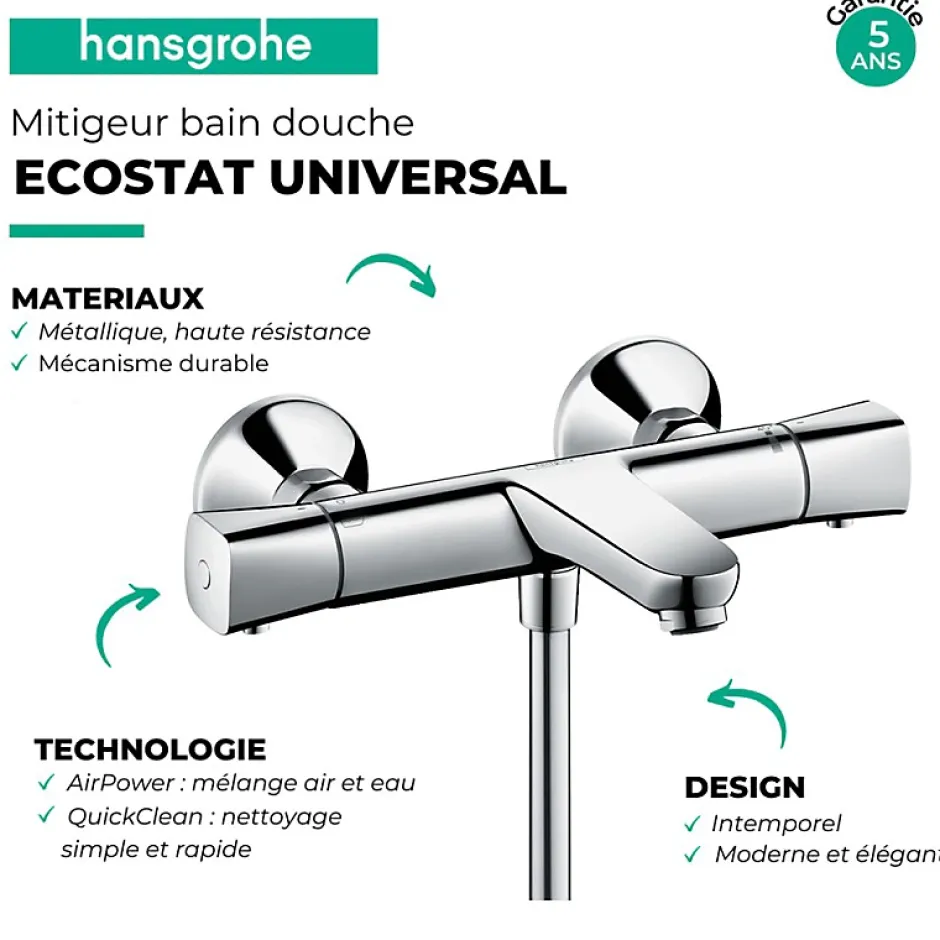 Hansgrohe Mitigeur baignoire thermostatique Ecostat Universal chromé* Robinet De Baignoire