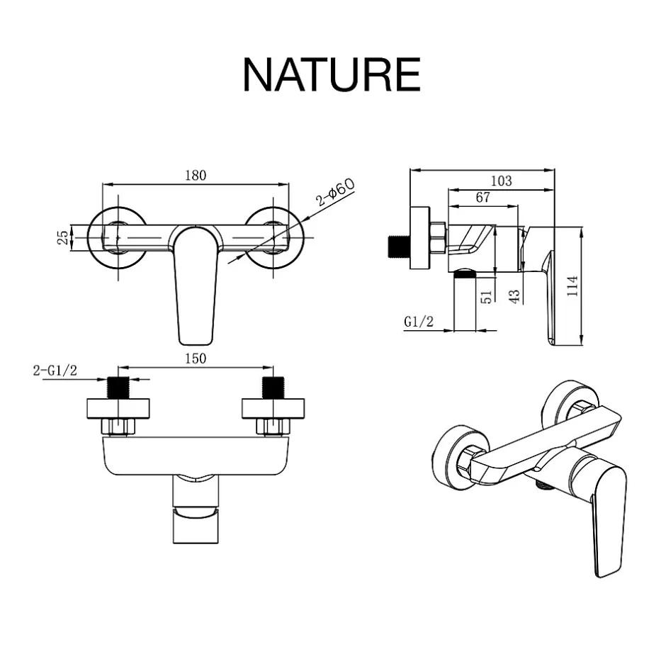 Poalgi Mitigeur bain douche mécanique avec douchette SKY BATH chromé série NATURE