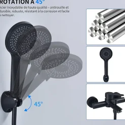 Homelody Mitigeur Bain Douche Mecanique Robinet de Douche Bain Mecanique Monocommande Double Sortie Mural Acier Inoxydable Noir* Robinet De Baignoire