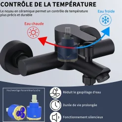 Homelody Mitigeur Bain Douche Mecanique Robinet de Douche Bain Mecanique Monocommande Double Sortie Mural Acier Inoxydable Noir* Robinet De Baignoire