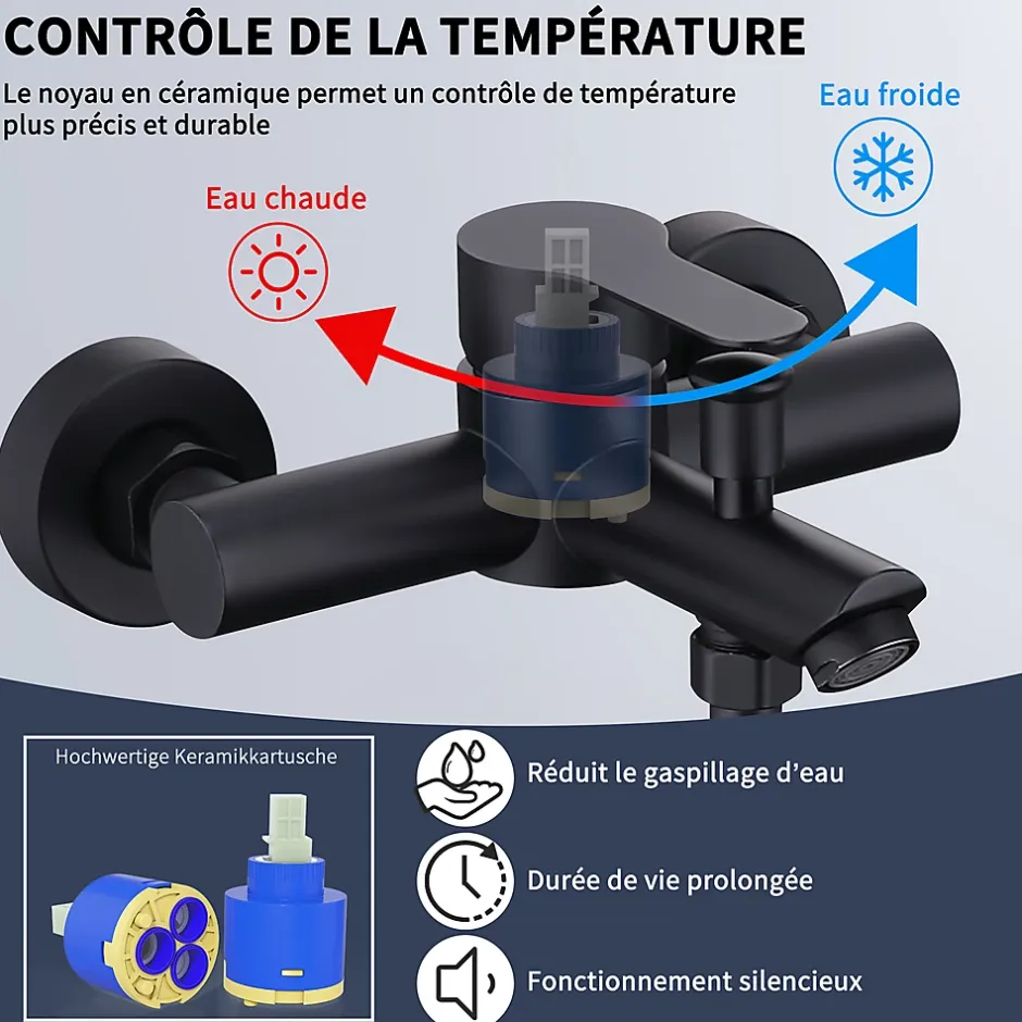 Homelody Mitigeur Bain Douche Mecanique Robinet de Douche Bain Mecanique Monocommande Double Sortie Mural Acier Inoxydable Noir* Robinet De Baignoire